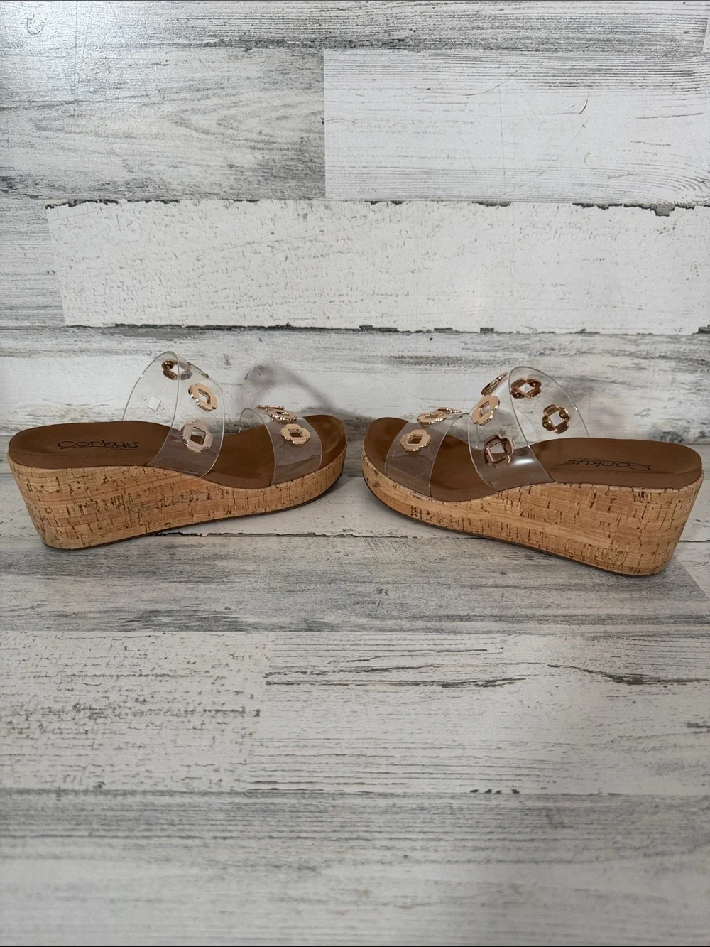 CORKYS CLEAR HIGH TIDE GOLD TRIM WEDGE SHOES - 9